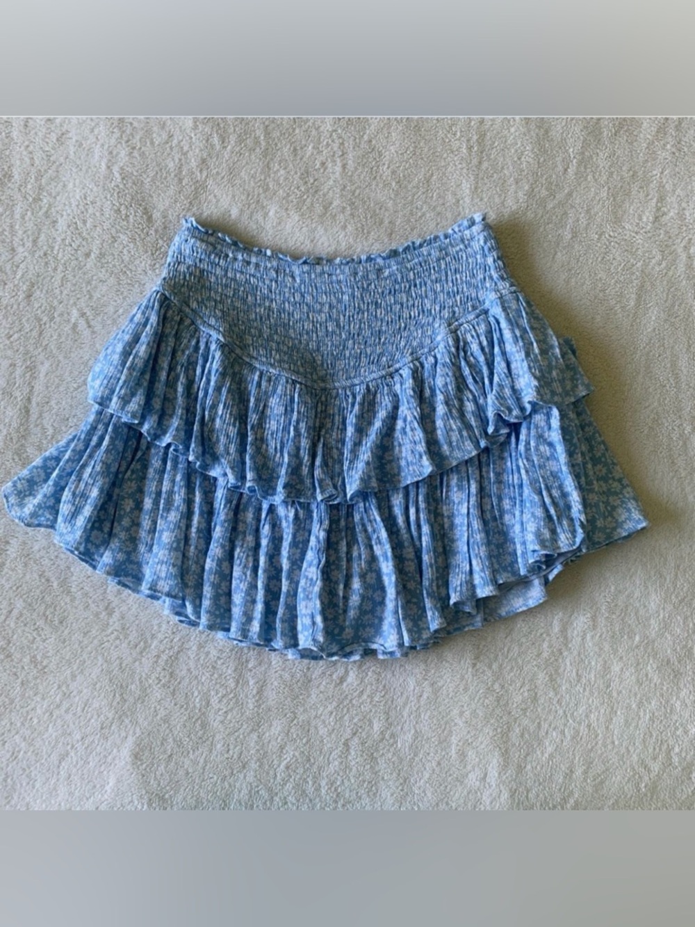 Smocked Waist Blue Floral Ruffle Mini Skirt